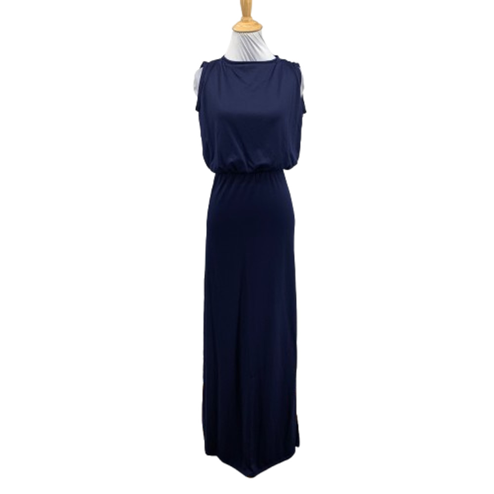 Go Couture Dress Womens S Small Navy Double Slit Sleeveless Blouson Stretch Maxi